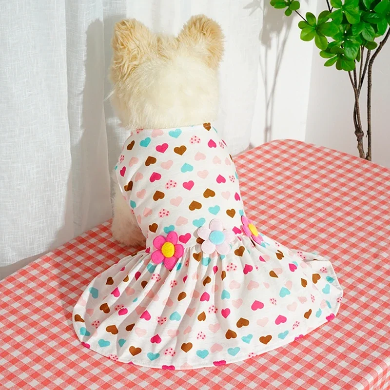 Spring Dog Dresses Flower Pattern Heart Print Puppy Dress Valentine Wedding Party Holiday Birthday Dress for Small Dogs Girls