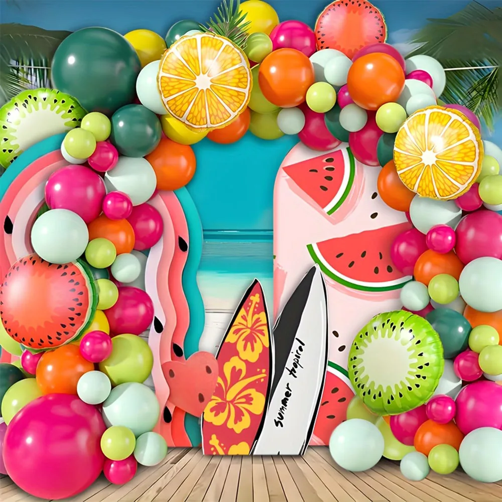 123-teiliges Gelb-Grünes Tropisches Frucht-Ballonset Süße Orangen Wassermelonen und Kiwis Formen Folienballons für Geburtstagsparty-Dekoration