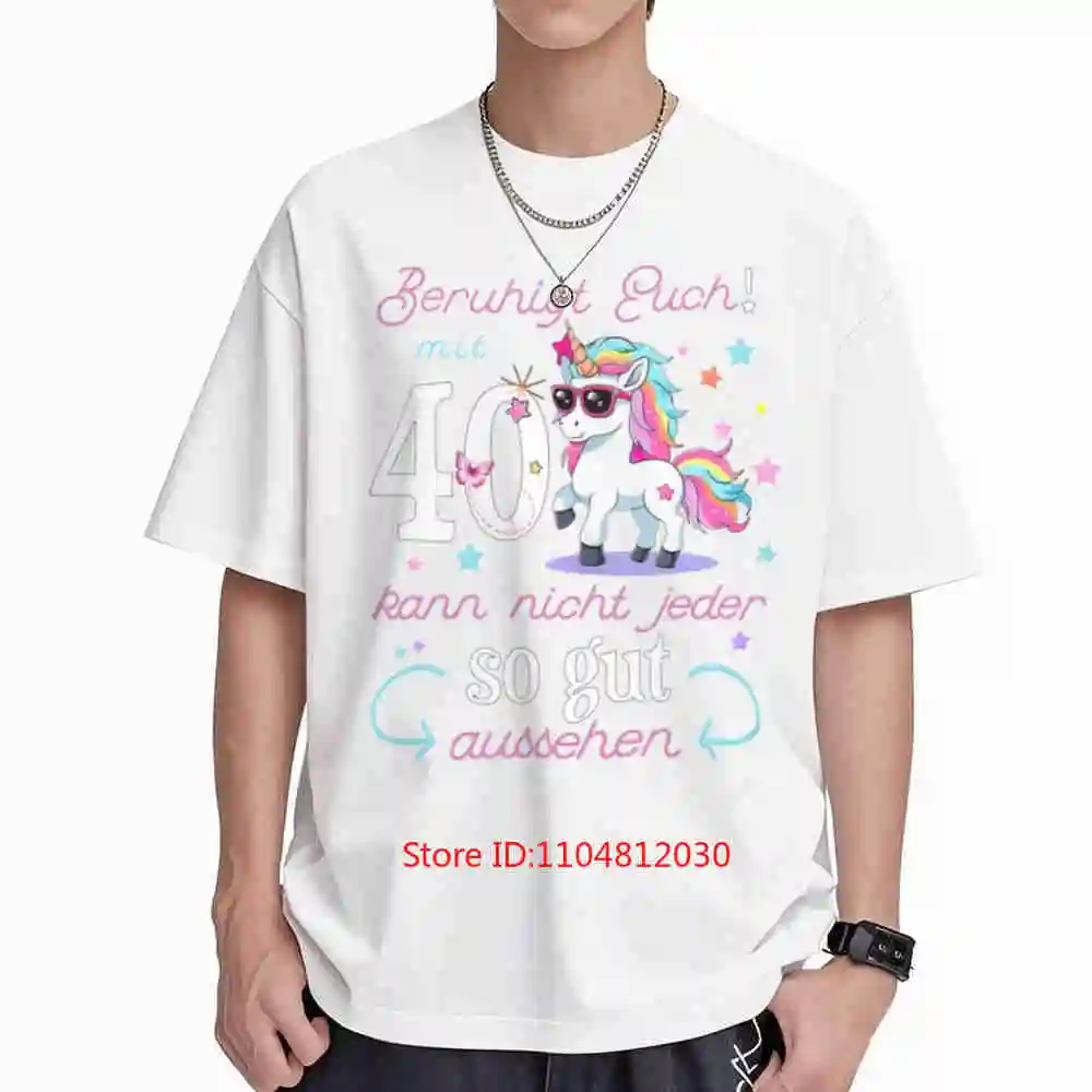 40Th Birthday Vintage Unicorn German Text Pink Rainbow Short Sleeve Tee 100% Cotton T-Shirt