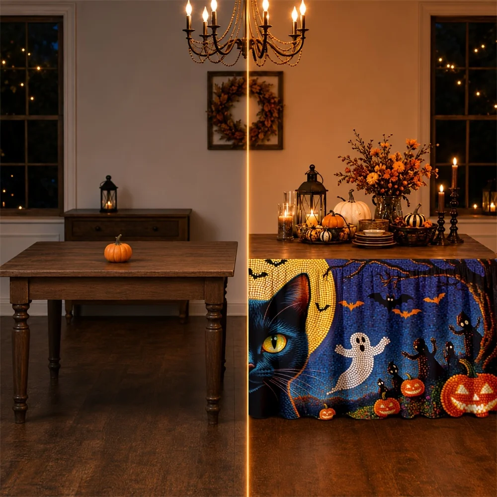 Halloween table skirt, polyester, fantasy, mysterious, gothic, black magic, witch, pumpkin, ghost, bat, moon, forestzyc