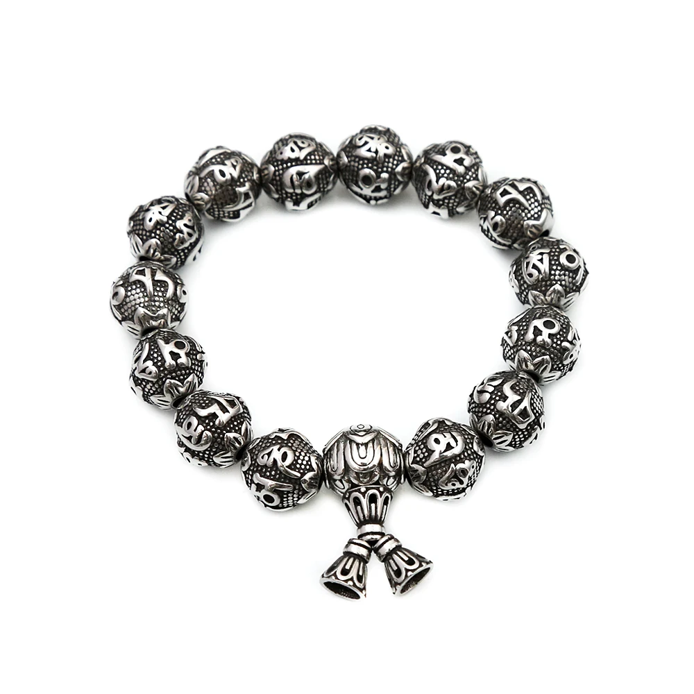 Vintage Unique Tibetan Buddhism Six Words Mantra Bracelet for Men Women Punk Stainless Steel Amulet Bracelets Jewelry Wholesale