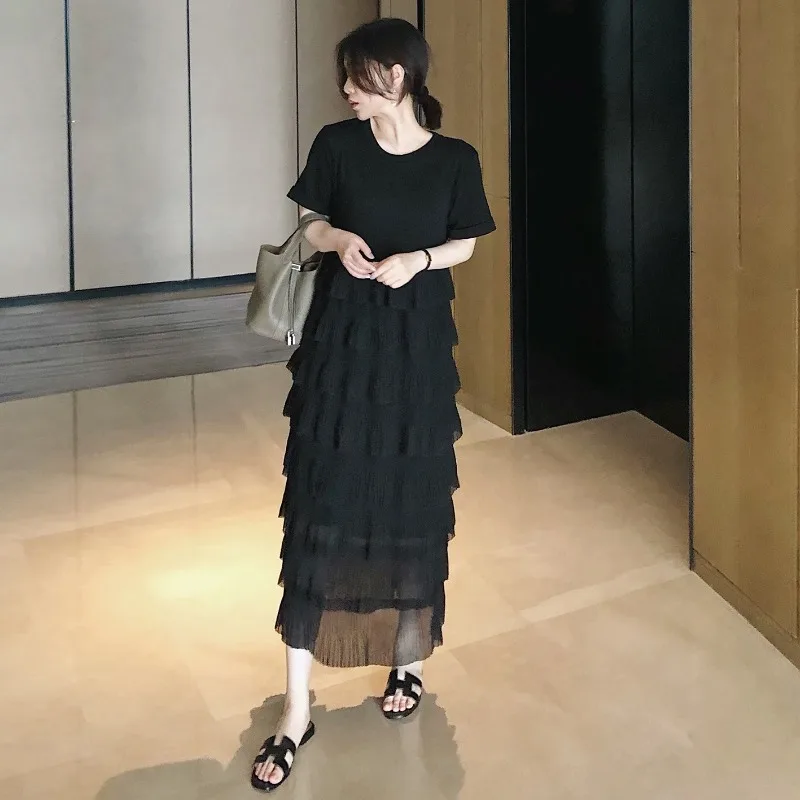 Minceur Bla Summer Dr T-shirt droit ample pour femme jupe longue gâteau Sle version coréenne trajet décontracté polyester coton...