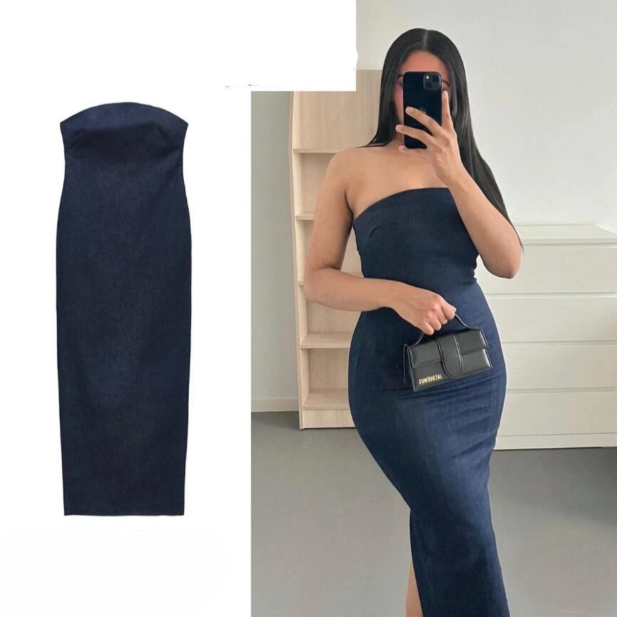 Vestido longo feminino sexy jeans sem alças com zíper rachado, vestidos de festa, azul, feminino, verão, 2022