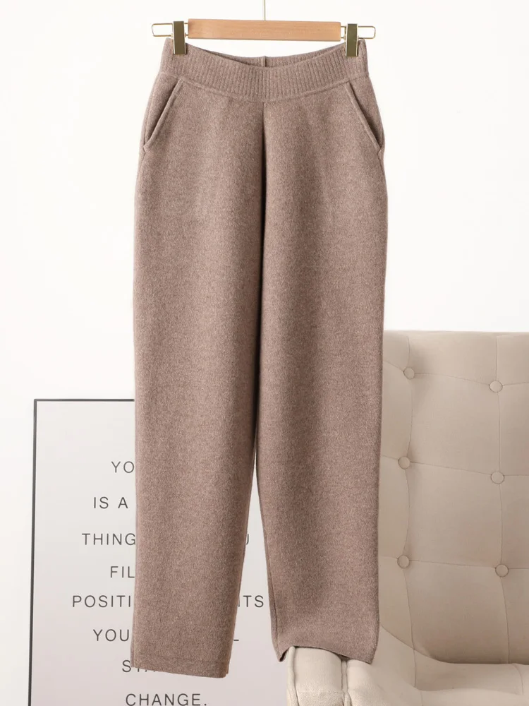 Autumn Winter Women's Pencil Pants 100% Merino Wool Pants Knit Wide Leg Basic Thick Warm Cashmere Trousers Elastic Casual Pants