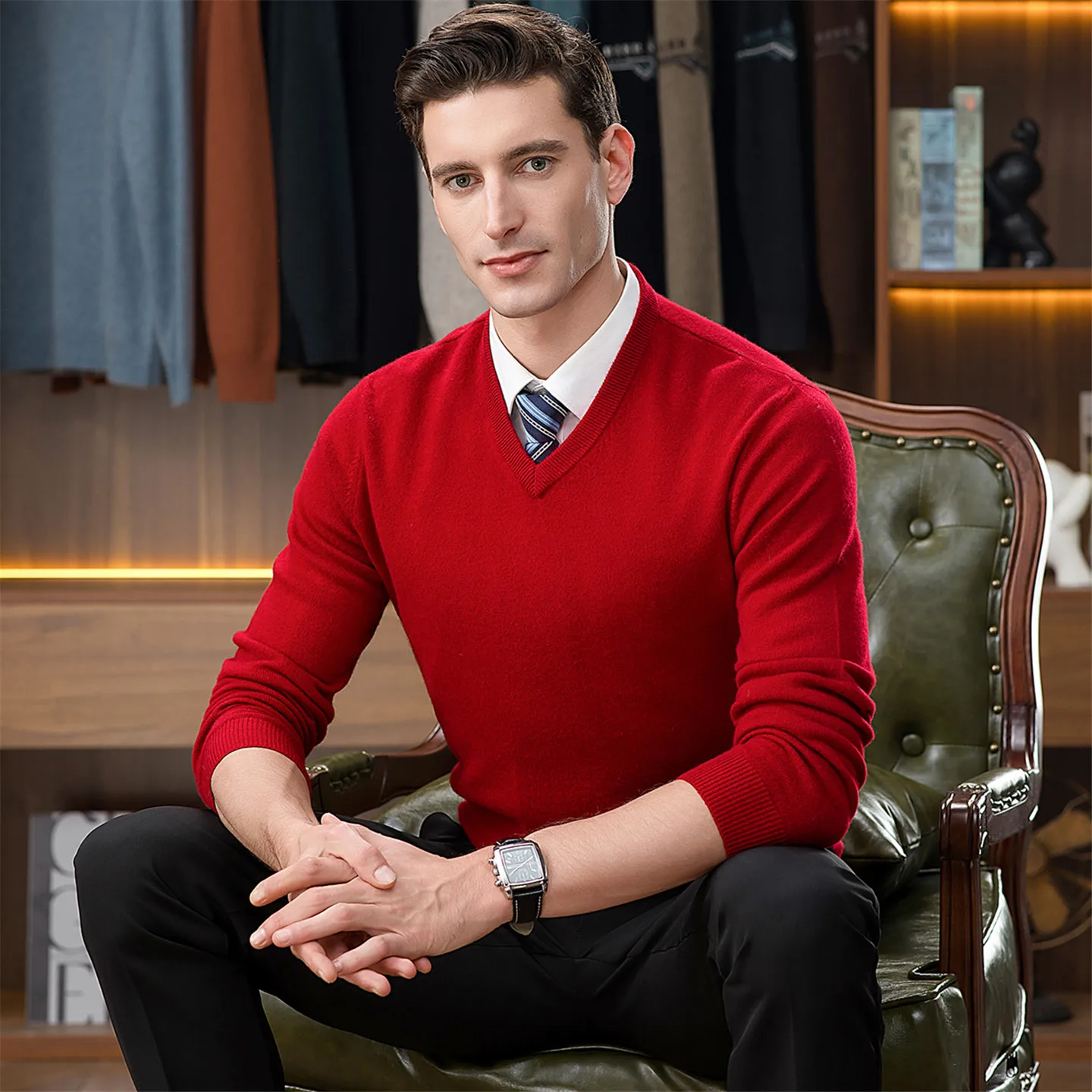 겨울 100% 순수 캐시미어 스웨터 남성용 V넥 두꺼운 중년 카라 스웨터 고급 비즈니스 캐시미어 스웨터