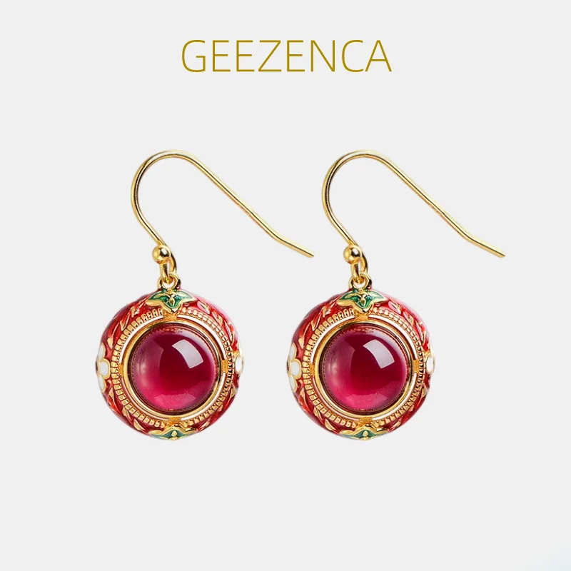 

Vintage 925 Sterling Silver Thai Red Corundum Enamel Gemstone Drop Earring For Women Retro Ethnic Handmade Cloisonne Earrings