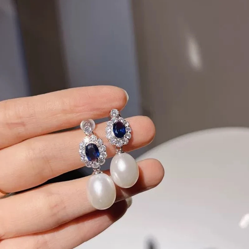6-7mm Luxury Jewelry Natural Seawater Pearl Necklace Bracelet Earrings Set Party Blue Cubic Zircon Free Shipping