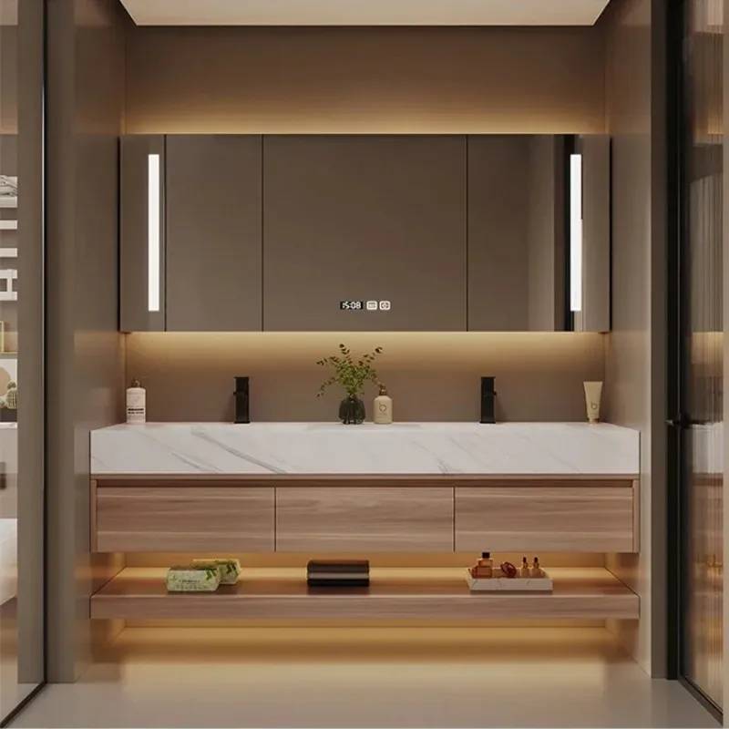 Modern Bath Room Floating Washstand Storage Cabinetry Set Double Sink White Oak Solid Wood Wall Hung Bathroom Vanity Cabinet