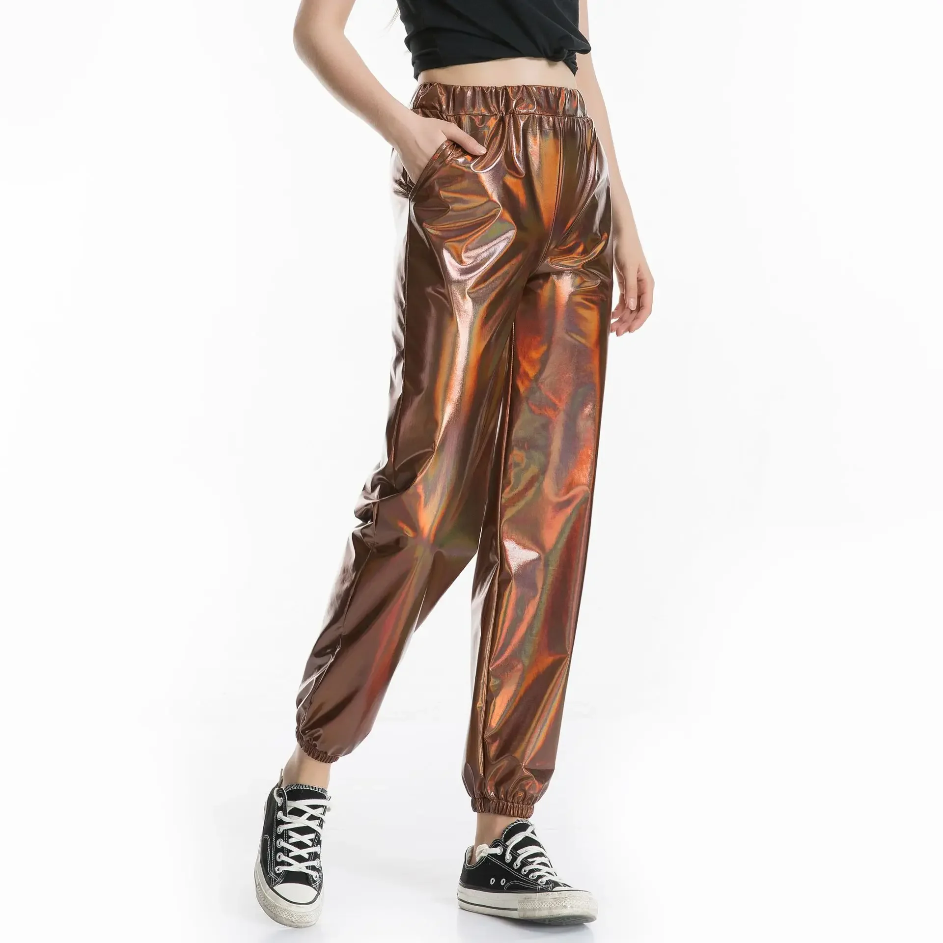Pantalon Long scintillant pour femmes, pantalon de sport ample et décontracté, vert, or, argent, noir, en option, fête Hip-hop