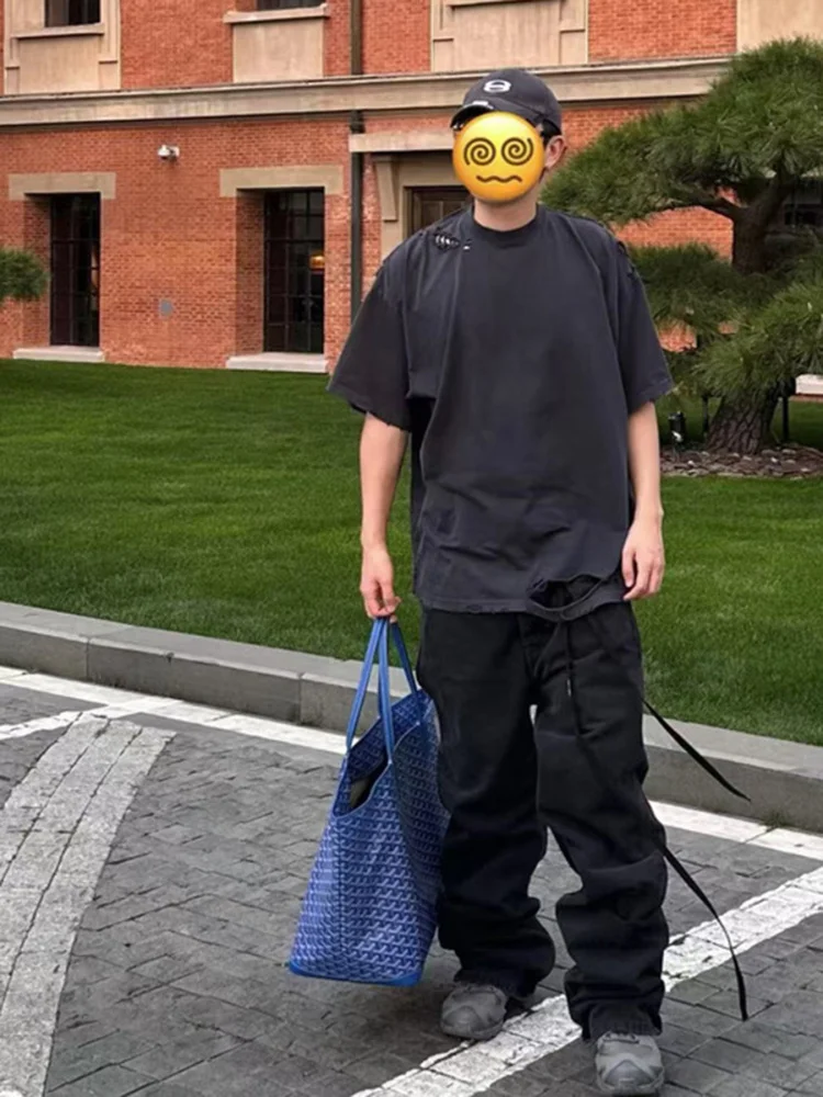 

Мужские джинсы прямого кроя Ann Demeulemeester в американском стиле High Street, модные, из хлопка с эластаном, с эффектом потертости