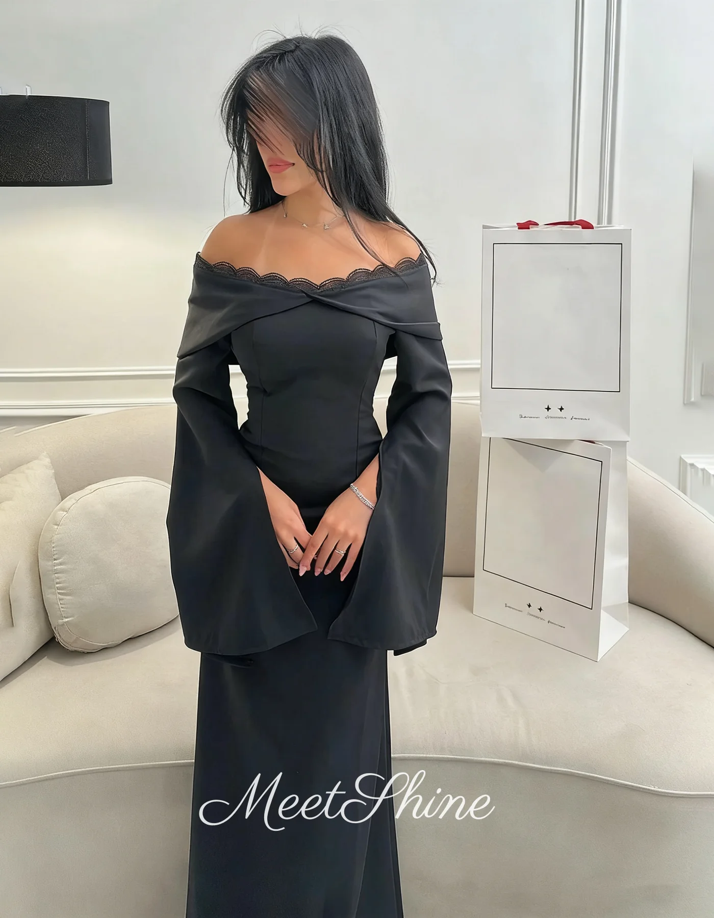 Vintage sirena negro fuera del hombro vestidos de noche simple con llamarada mangas largas satén formal vestido de fiesta de boda personalizado