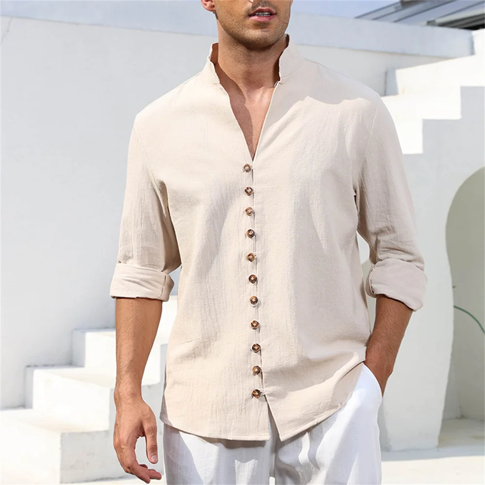 Men's Cotton Linen Shirt Long Sleeve Solid Color Breathable Lightweight Cozy Button Top Henly Neck Vacation Casual Tees