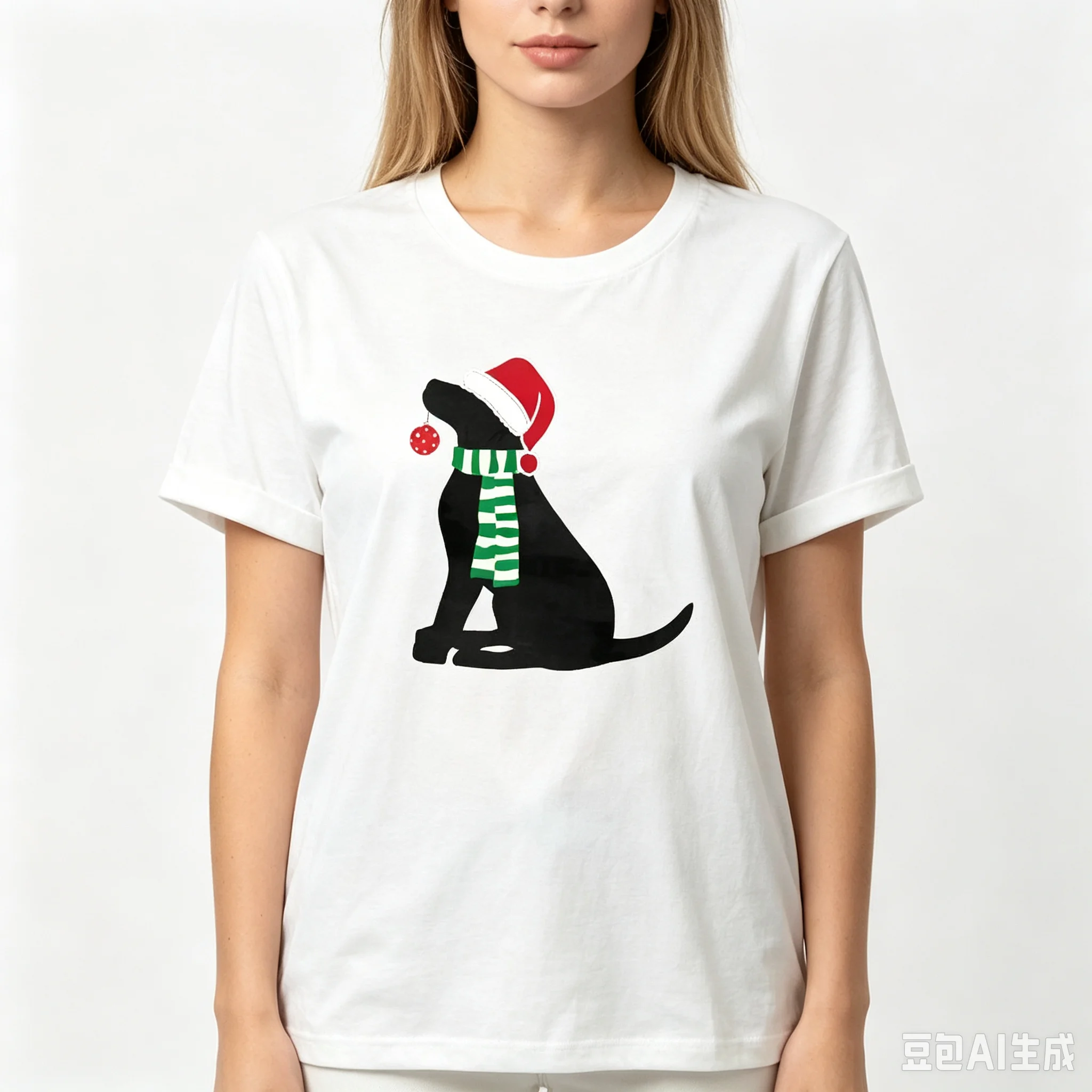 Women Christmas Black Labrador Dog Santa Hat Scarf Graphic T-shirt Xmas Pet Lover Casual Short Sleeve Tee