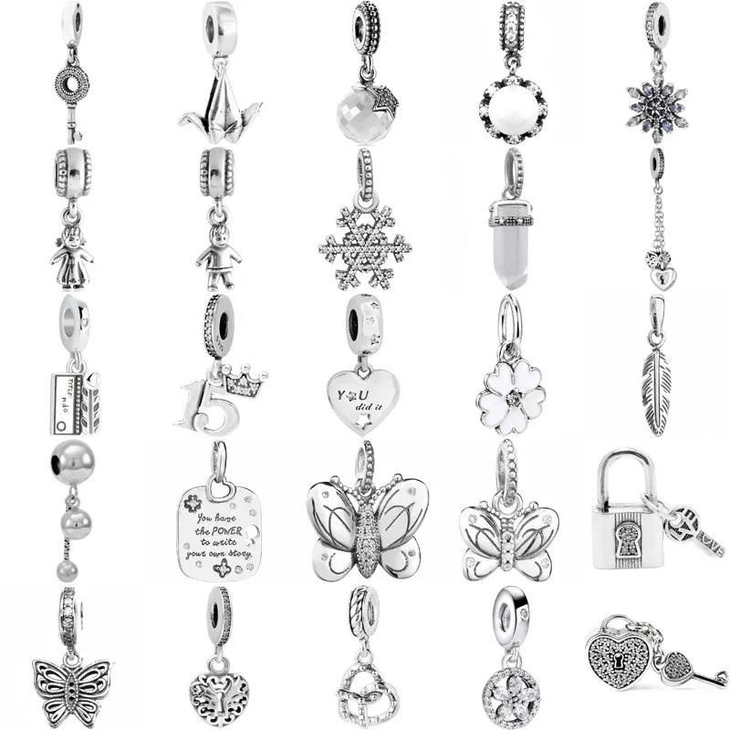 925 Sterling Silver Love Heart Lock & Key Snowflake Butterfly Stars Origami Cranes Pendant Charm Fit Europe Bracelet Jewelry