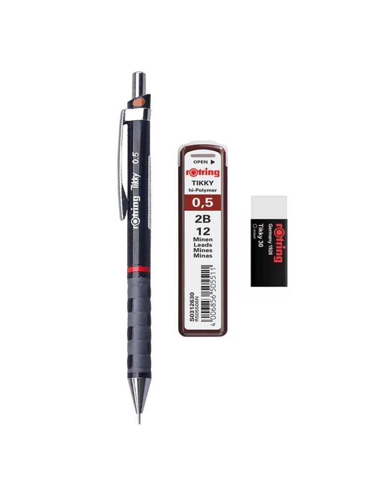 Zestaw ołówków automatycznych Rotring Tikky 0,5 mm z wkładami 2B i gumką, artykuły szkolne i biurowe dla uczniów — zdjęcie produktu 7