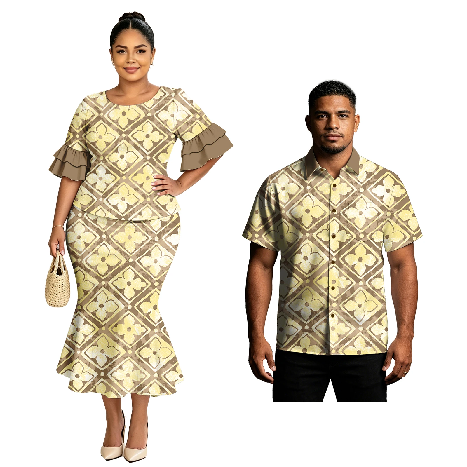 Hawaii Women Formal Petal Sleeve Clothes Samoan Puletasi Men Fashion Shirts Floral Print Polynesian Casual Couple Outfits Custom