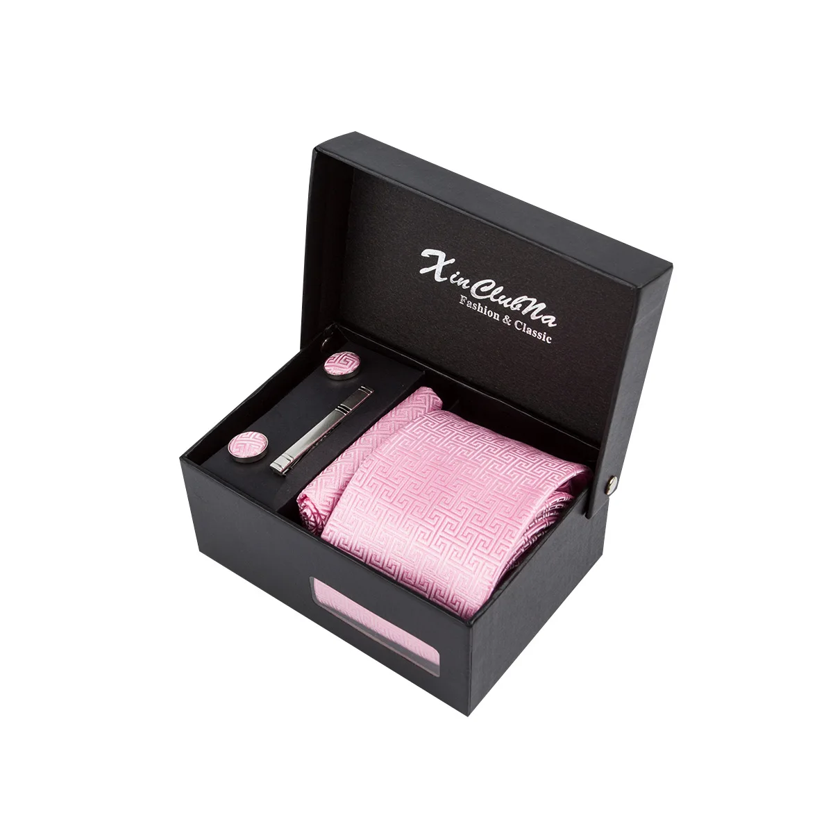 

Factory Wholesale 8 cm Plaid Tie Set Gravata Tie Hankie Cufflinks Gift Box Jacquard Woven Fit Party Suit Accessories Men Pink