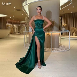 Qanz Emerald Green Sexy Evening Dresses Spaghetti Straps Mermaid High Slit Wedding Party Dress Vestido De Noche Customized