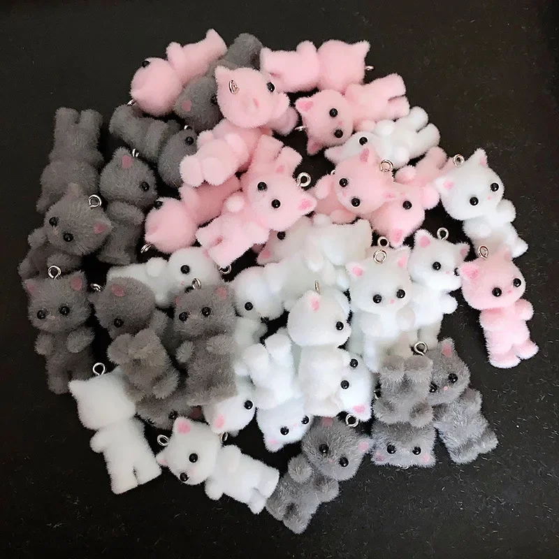 30PCS Cat Pendant Kawaii 3D Fluffy Flocking Animal Cat Charms Miniature Dolls Keychain Necklace Pendant DIY Crafts Jewelry Make