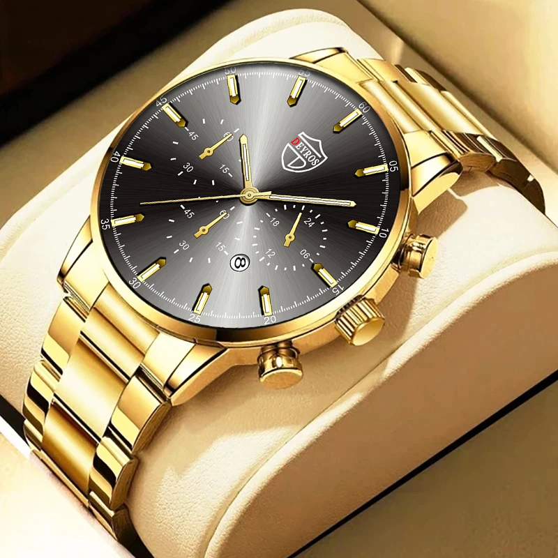 Luxury Golden Yellow Stainless Steel Quartz Men's Watches 2023 Man Calendar Sports Leather Wristwatch Male Luminous Hands Clock