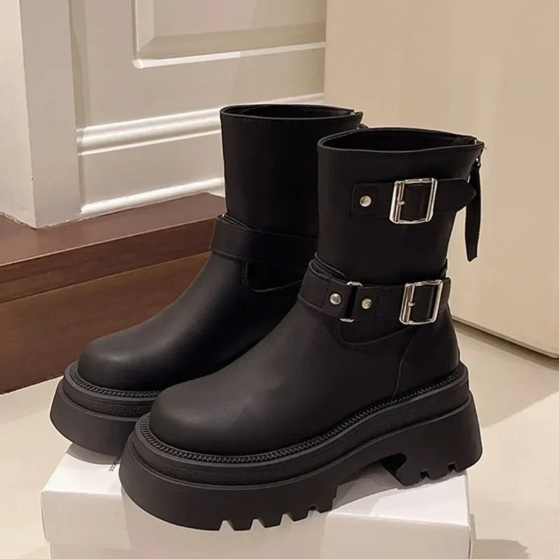 

Pop Women's Ankle Boots Autumn Work Fashion Elegant Punk 2025 New Black Luxury Heel Round Toe Leather Platform Short Boots