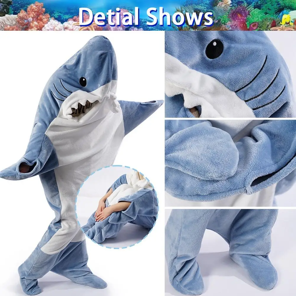 New Shark Blanket For Adult Winter Warm Blanket Hooded Playsuit Onesie Funny Sleeping Bag For Slumber Party Wearable