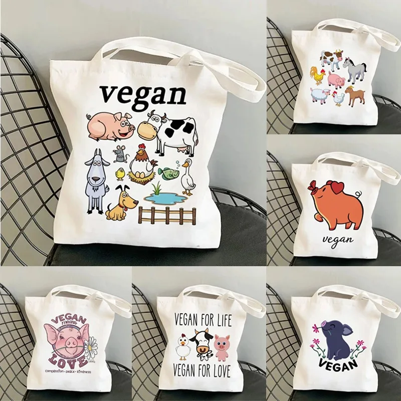 Simple Animal Printing Cute Shoulder Bag Canvas Eco-friendly Large Capacity Portable Shopping Bag Pig Cow Tote Aesthetic