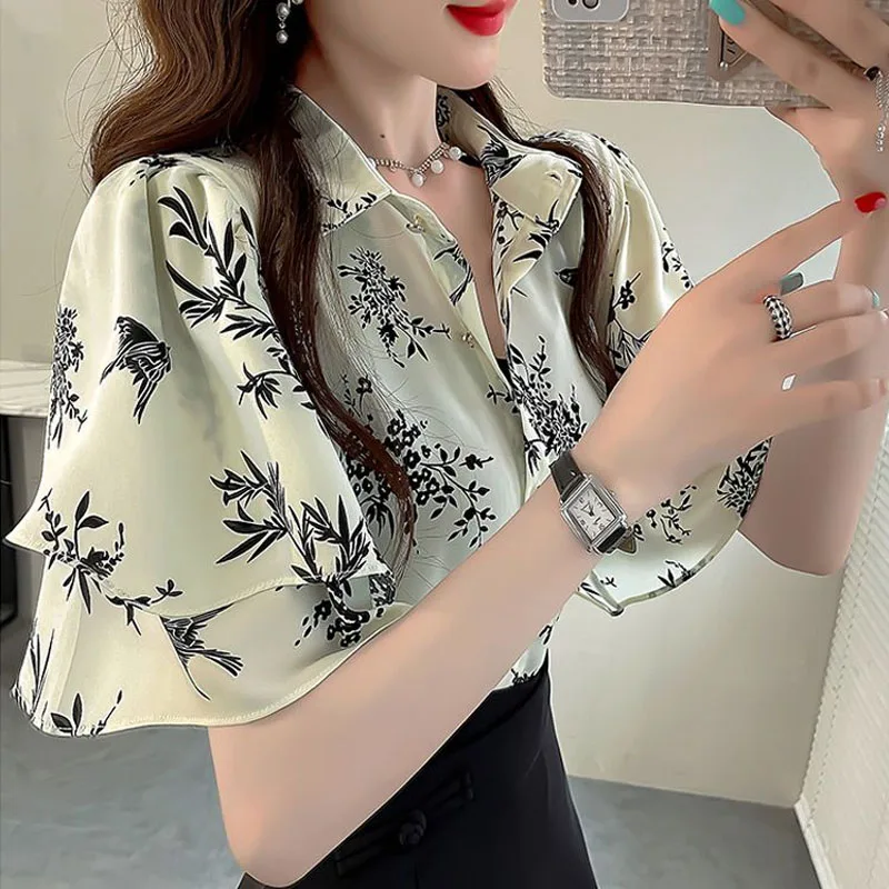 Summer Loose Temperament Short Sleeve Chiffon Women Vintage Rose Printing Ruffles French Senior on Vacation Office Lady Shirt