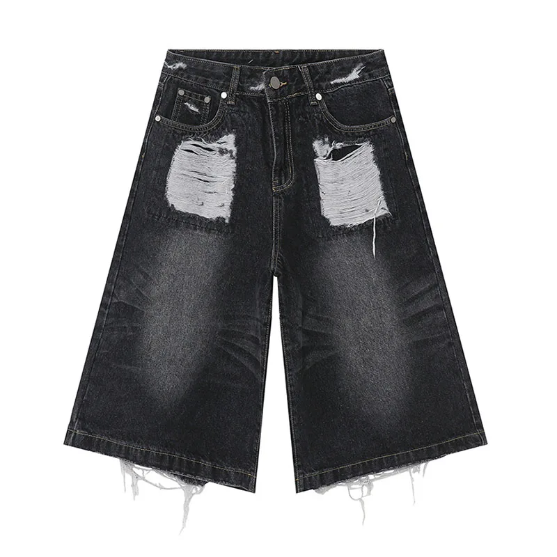 Hip Hop Baggy Loose Denim Shorts Ripped Vintage Streetwear Jeans Shorts For Male Black