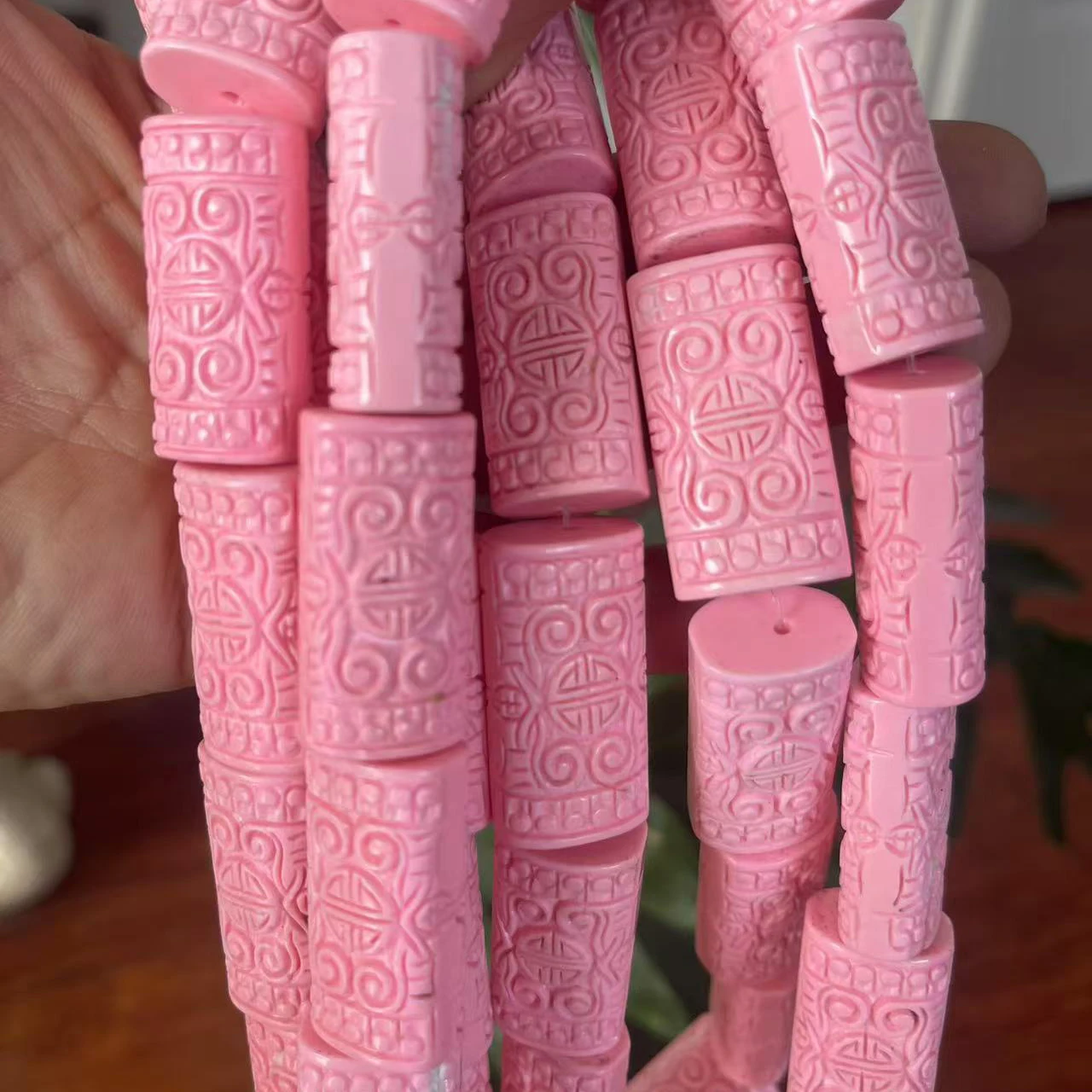 16 inches 13x17x30mm Pink Natural Floral Carved Rectangular Turquoise Beads Loose Strand