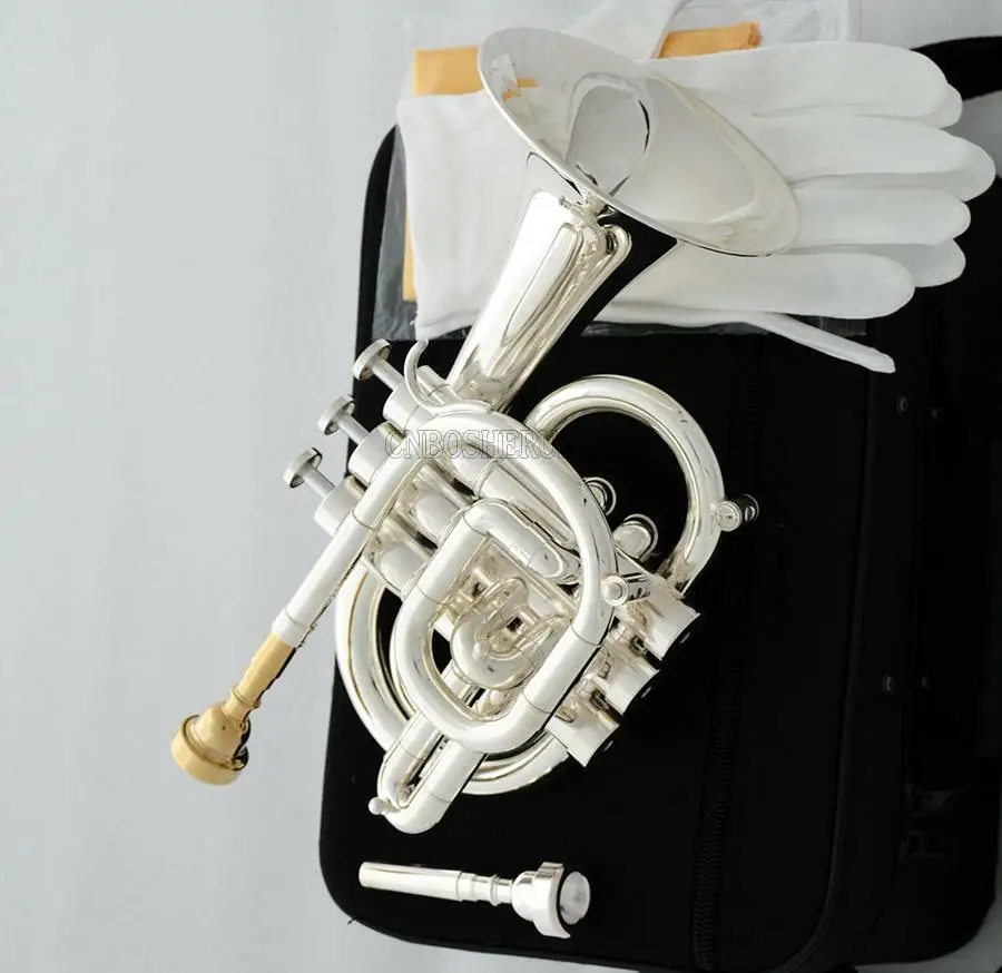 Hot sale Professional Silver plated C Key Pocket Trumpet Horn Monel Valve 2Pc MOUTHPIECE