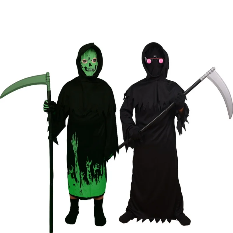 

Детский костюм жнеца на Хэллоуин, карнавальный костюм со скелетом призрака, костюм для Хэллоуина, подходит для мальчиков и девочек