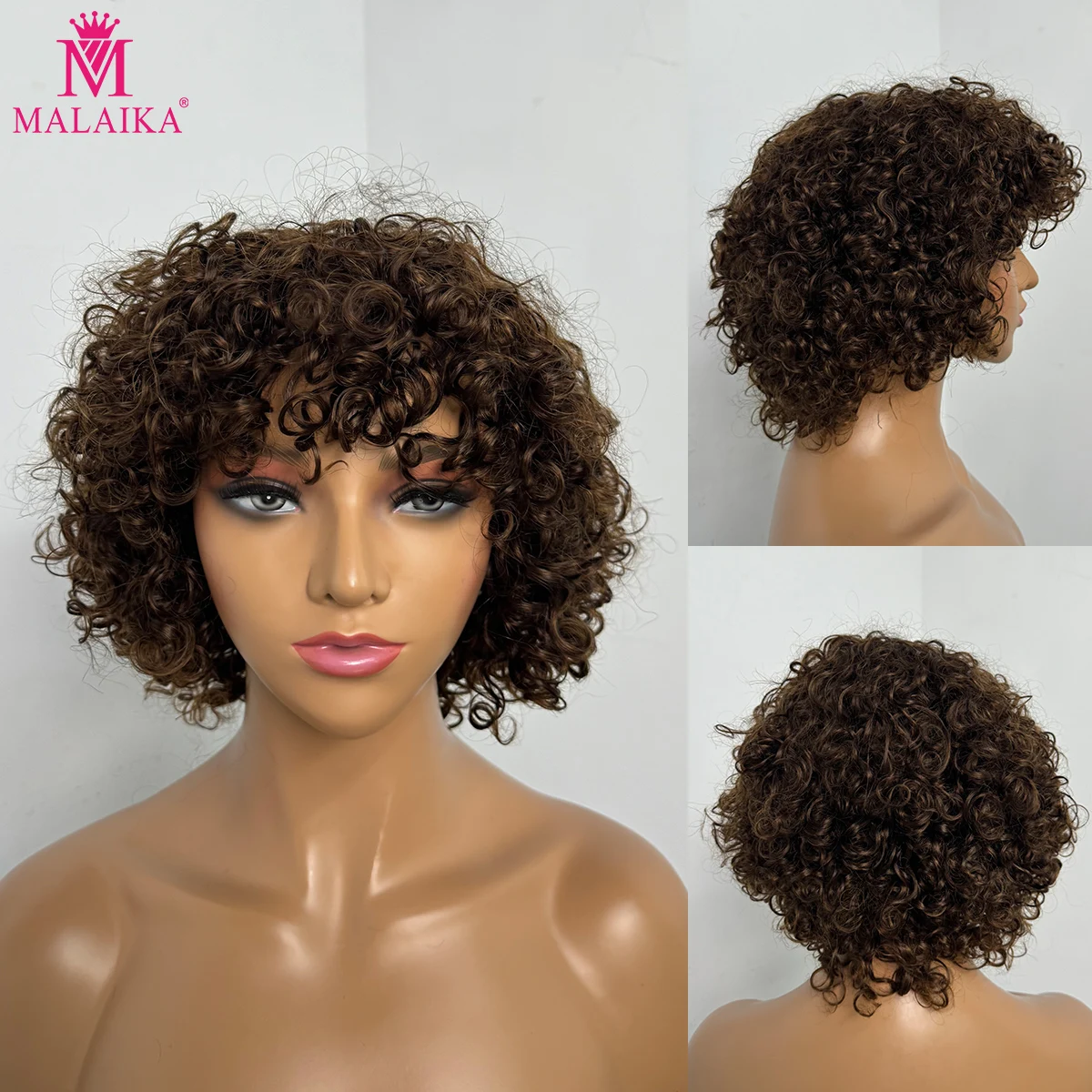 

Deep Brown 200% Density Full Machine Made Water Wave Human Hair Wig with Bangs Short Jerry Curly Human Hair Bob Wigs 12 inch