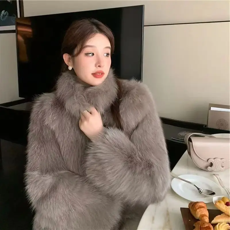 

Осень-зима 2025 года, пальто из искусственного лисьего меха с воротником-стойкой, утолщенная теплая корейская версия, шуба для женщин