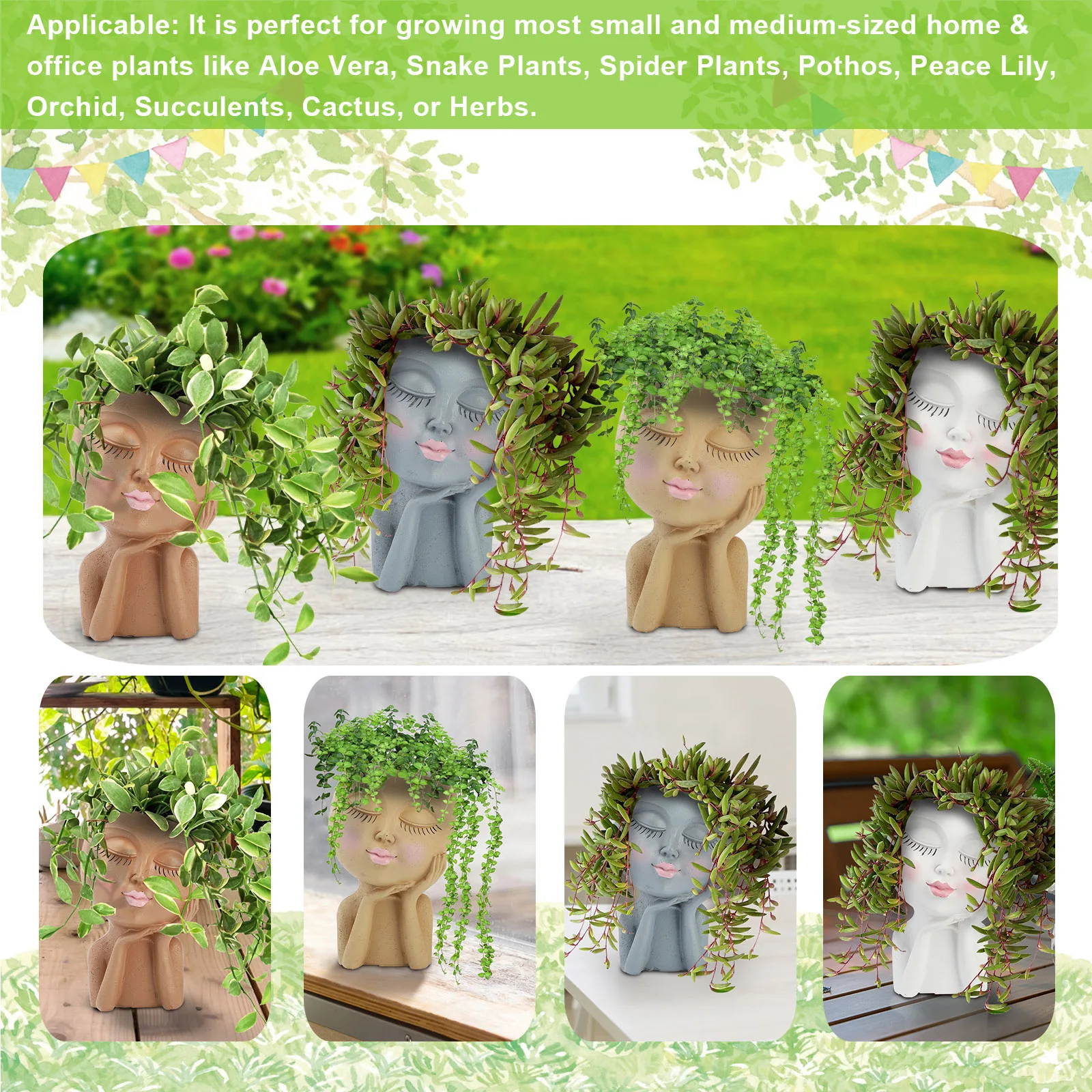 Girls Face Head Flower Planter Closed Eyes Figure Sculpture Resin Flower Pot With Drain Hole Cartoon Doll Vase