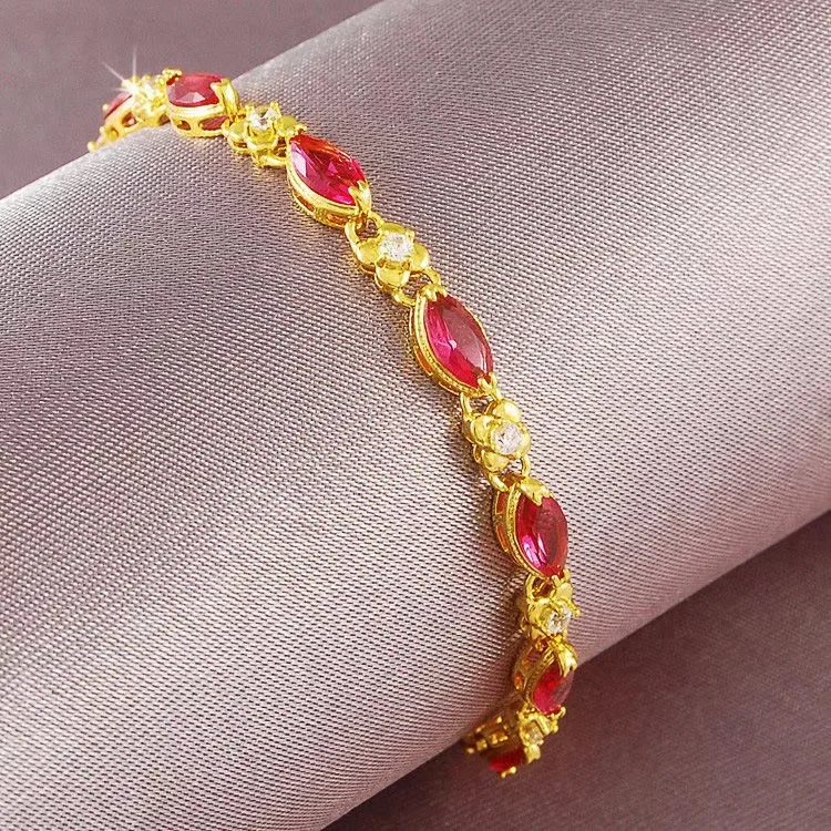 

Vietnam Sand Gold Simple Imitation Gold 24K Gold Women Bracelet Gold Brass Gold Plated Gemstone Red Crystal Bracelet for Women