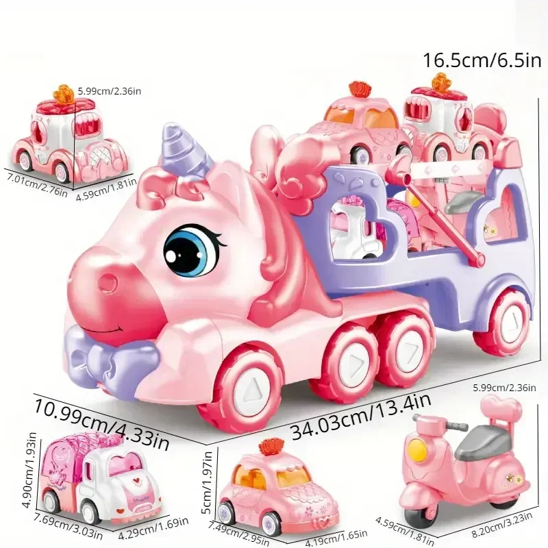 5 in 1 Unicorn Carrier Truck Car Toys for Girls Unicorn Toddler Toys Car Set with Music & Light Birthday Gift for Baby Boys Kids