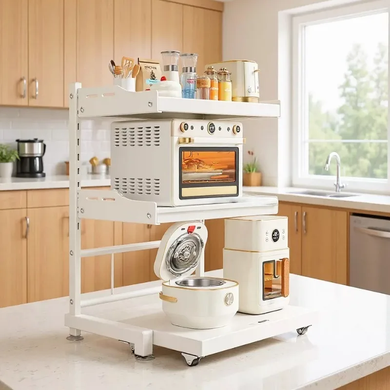 Pull‑Out Microwave Oven Storage Rack, Multi‑functional Kitchen Counter Organizer for Seasoning, Oven, Rice Cooker and Appliances