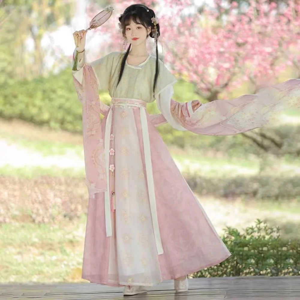 ‌ 오리지널 당나라 한복 세트 - 여성용 라운드 칼라 베이지 + 하이웨이스트 롱 스커트 3피스 전통 중국 스타일 한복 의상