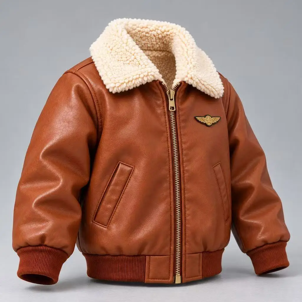 Boys Fur Collar PU Leather Jacket Warm Pilot Bomber Coat Kids 6-12Y Fashion Winter Outerwear