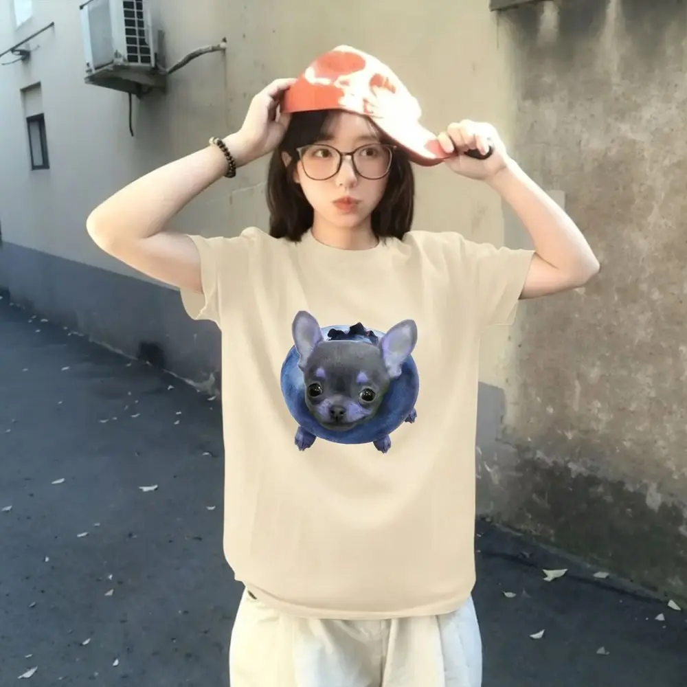 Chihuahua Blueberry Graphic Tee Women's Dopamine Bright Color T-shirts Summer Short Sleeve Funny Meme Print Vintage Female Tops