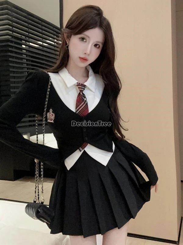 2024 w stylu Preppy Korea fashion sexy jk uniz długim rękawem dzianinowa bluzka krawat plisowana spódnica spódnica dwuczęściowa jk komplet w740