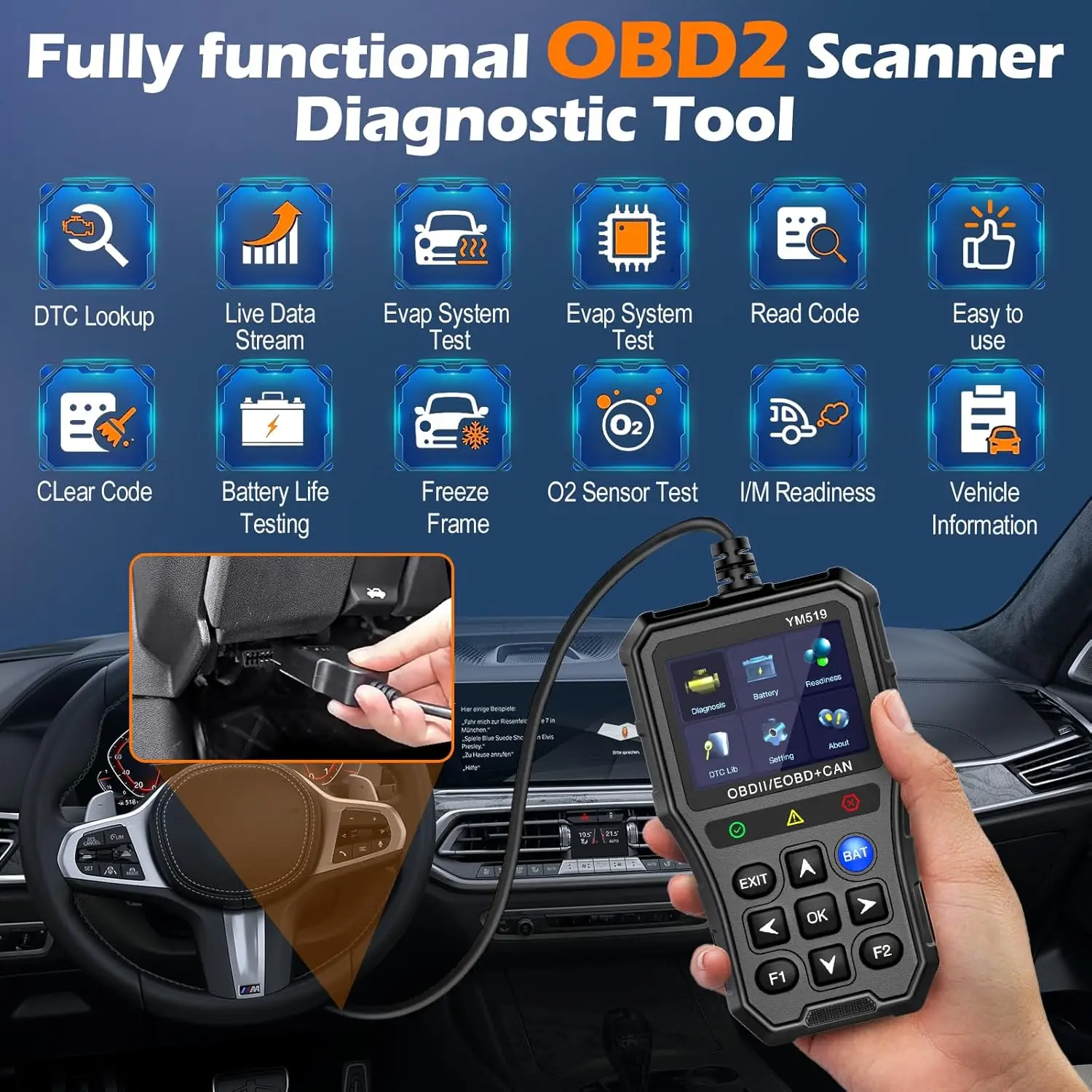 Professional OBD2 Scanner Diagnostic Tool Check Engine Light Car Clear Error Code Reader Multi-Language Battery Tester YM519