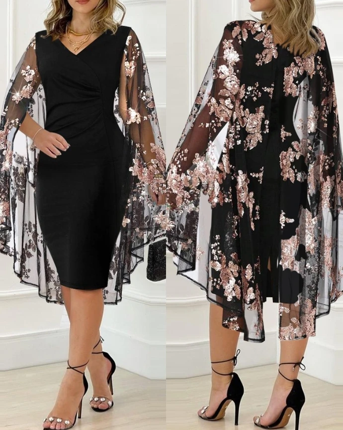 Floral Pattern Contrast Sequin Cape V-neck Bodycon Sheer Mesh Slit Midi Dress