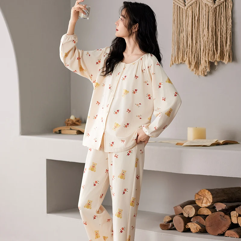 Bear Women Pajamas Sets Autumn Winter Long Sleeves Long Pants Cute Kawaii Sleepwear Soft Pyjamas Cozy Pijamas Girls Button Woman