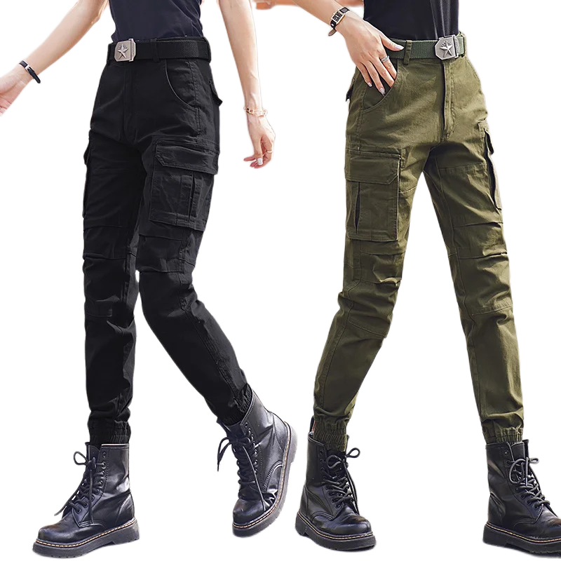 New Spring Women Cotton Cargo Pants High Waist Elastic Straight Army Fans Hiking Ankle-tied Casual Pants Military Trousers