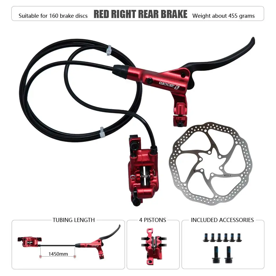 ZOOM HB-876 4-Kolben-Klapp-Mountainbike-Scheiben-Hydraulikbremsen-Set vorne 800 hinten 1400 mm MTB-Fahrradkrämpfe rot Fahrradteile