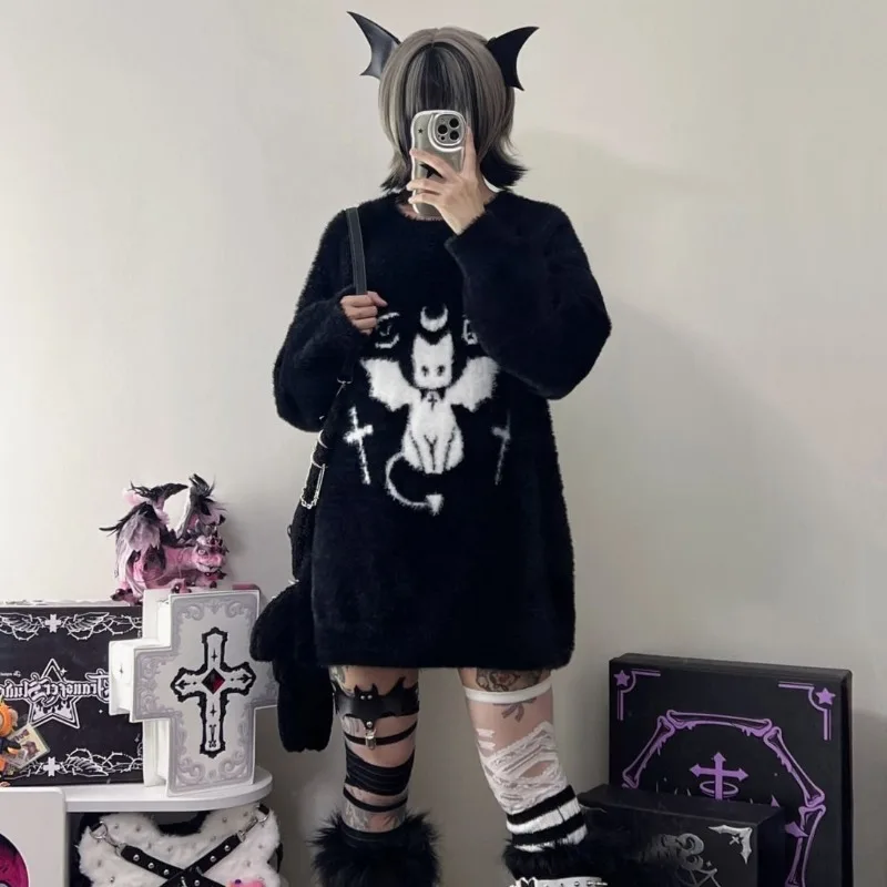 

Harajuku Gothic Casual Oversized Knitted Jumpers Grunge Cartoon Sweater Fashion Knitwear Y2k Aesthetic Balack Loose Pullover