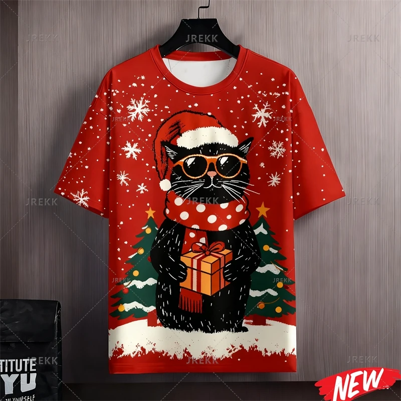 Red Color Merry Christmas T Shirt For Men Women New In Cute 3d Printed Black Cats T-shirt Round Neck Short Sleeve Tee Shirts