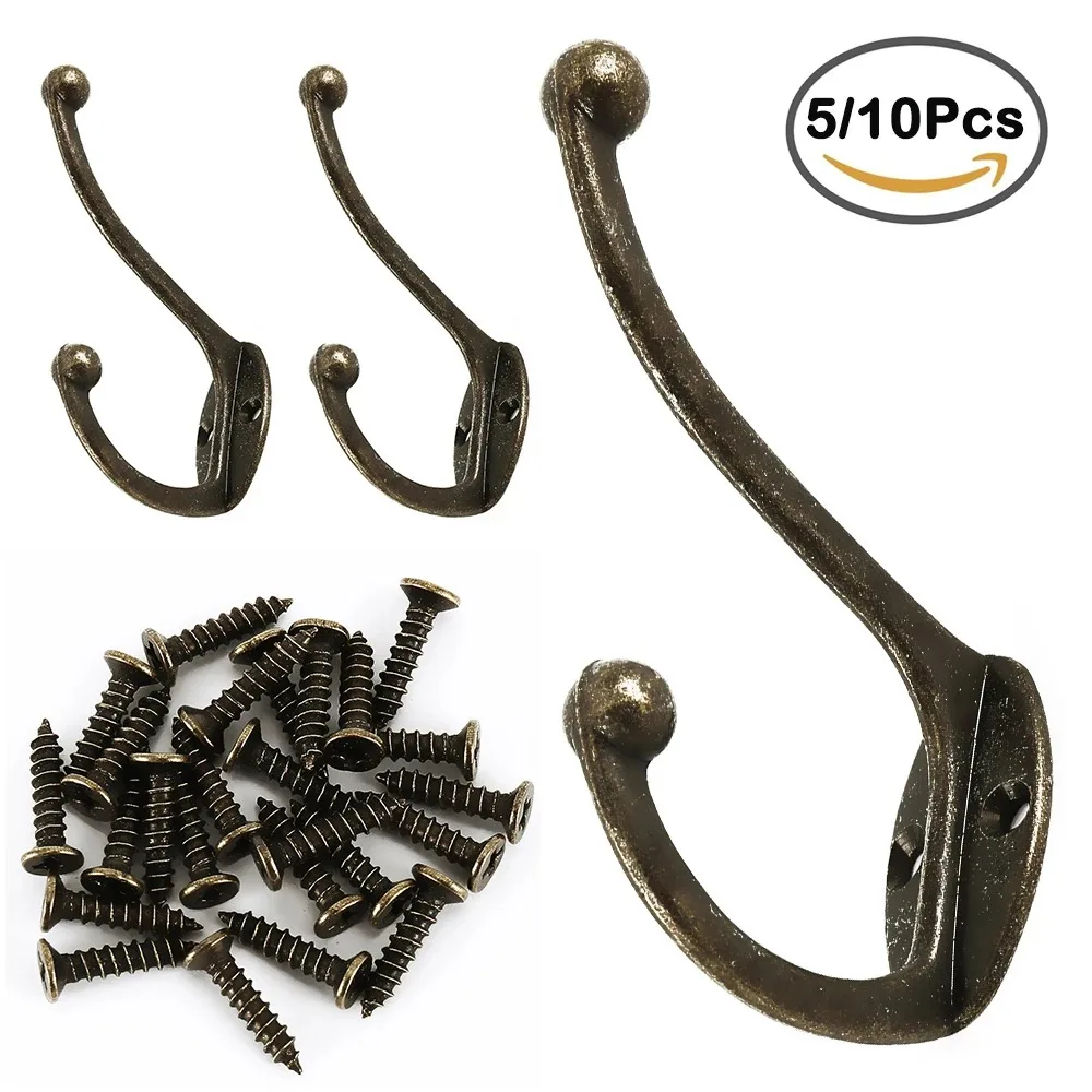 5 Peças de Ganchos Retro Montados na Parede, Cabide Duplo para Casacos, Cabide de Cobre para Roupas, Ganchos de Porta Resistentes, Suporte para Roupas Antiderrapante